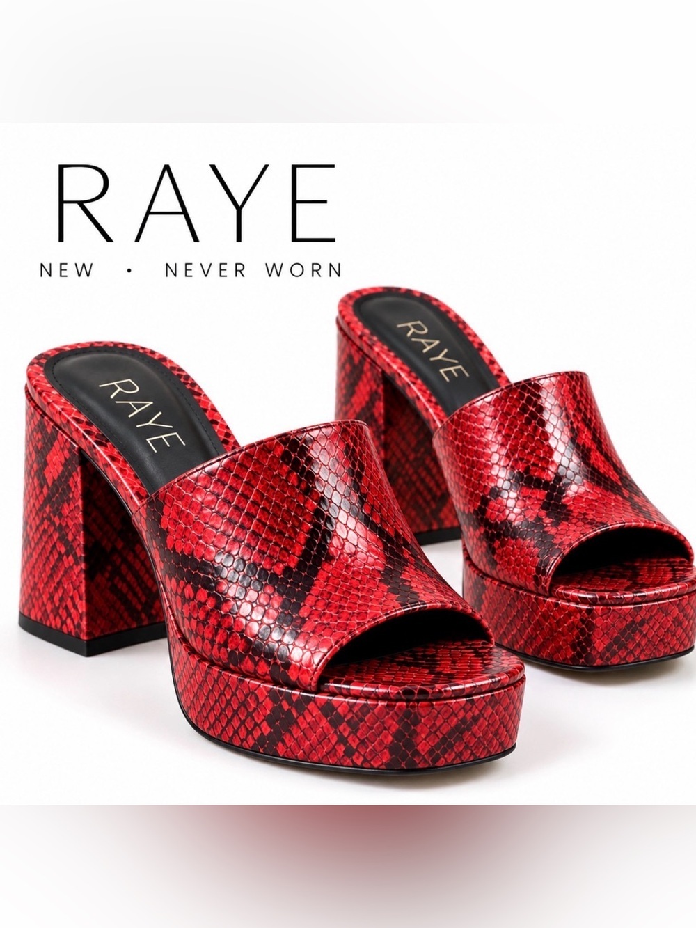 RAYE Red Snakeskin Platform Mule Heels Size 7 NWOT Square Toe Block Heel Y2K